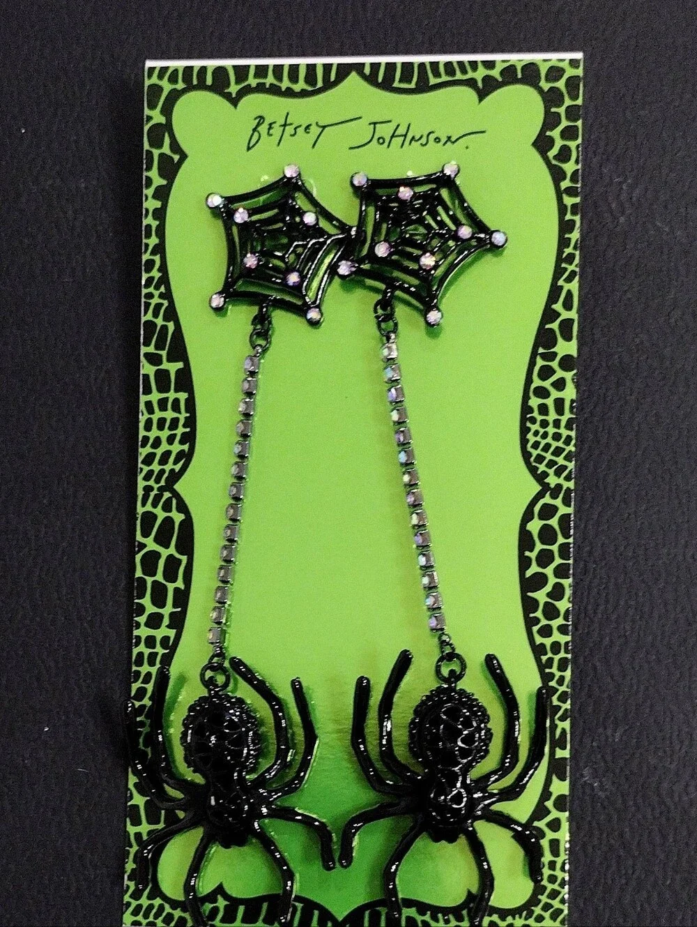 Betsey Johnson Black Spider Web Drop Earrings with Sparkle Chains